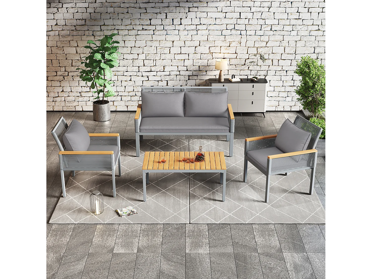 Salon de jardin en métal: un canapé 2 places + 2 fauteuils + 1 table basse - gris + bois naturel