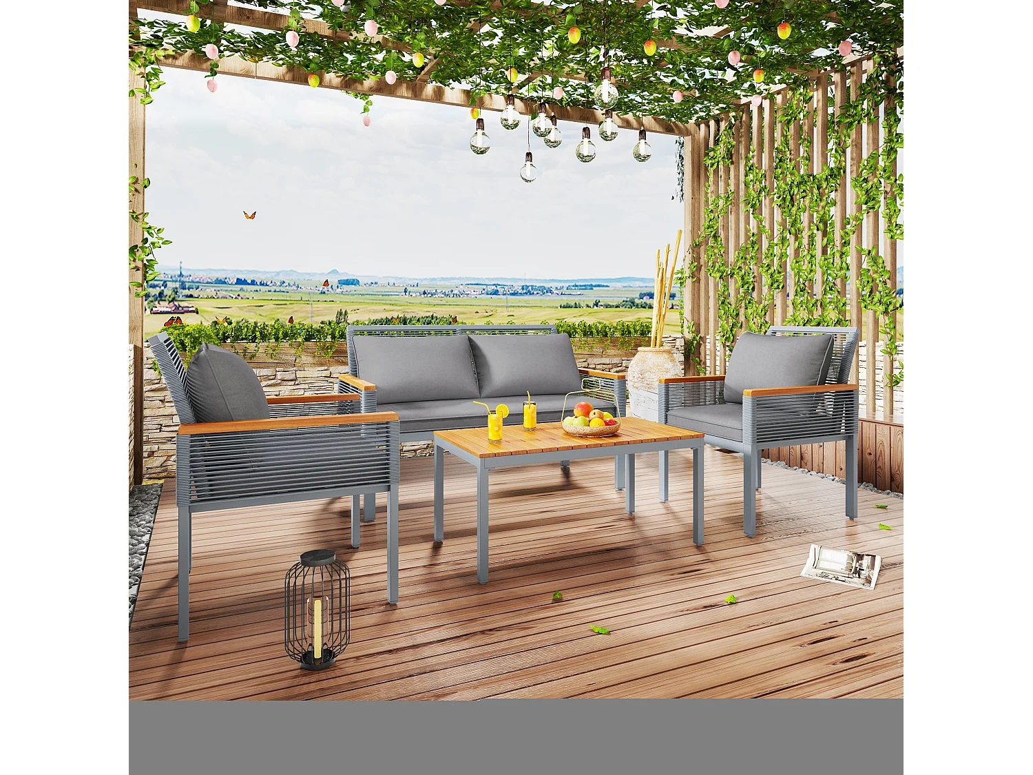 Salon de jardin en métal: un canapé 2 places + 2 fauteuils + 1 table basse - gris + bois naturel