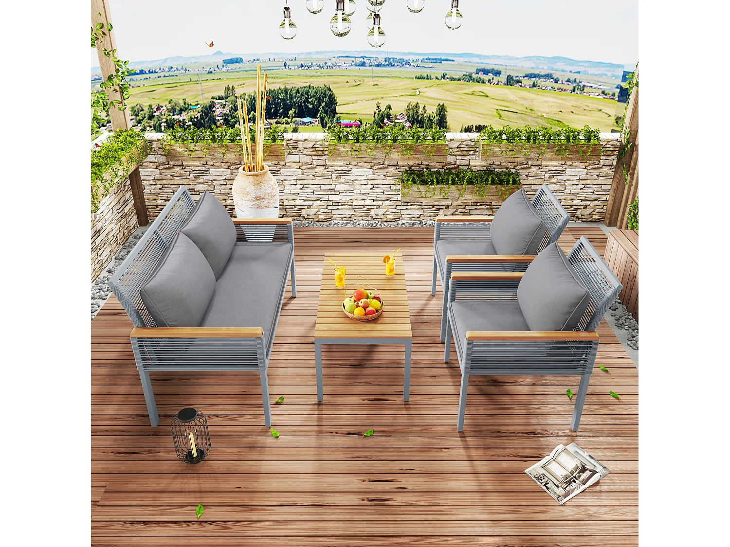 Salon de jardin en métal: un canapé 2 places + 2 fauteuils + 1 table basse - gris + bois naturel