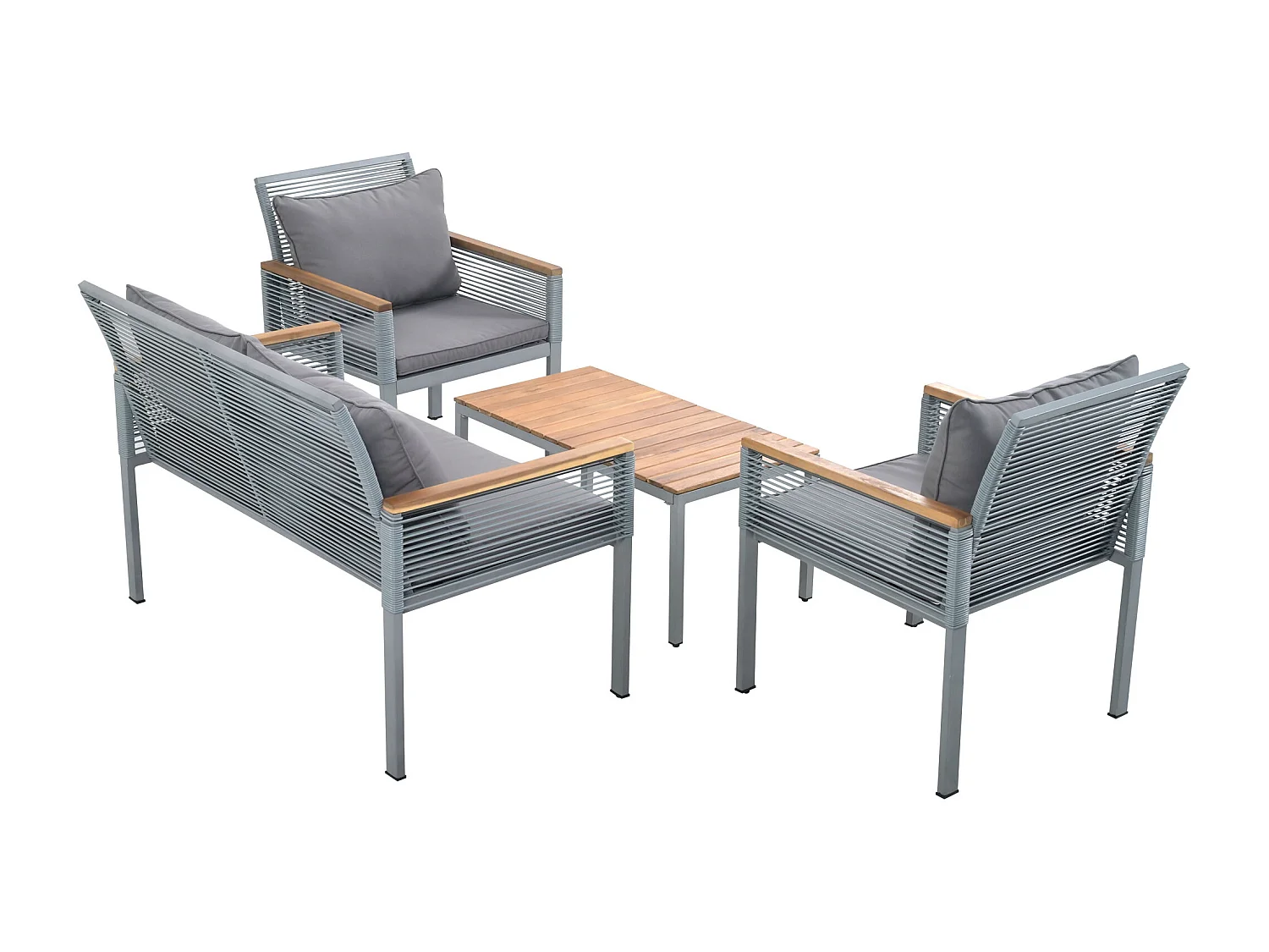 Salon de jardin en métal: un canapé 2 places + 2 fauteuils + 1 table basse - gris + bois naturel