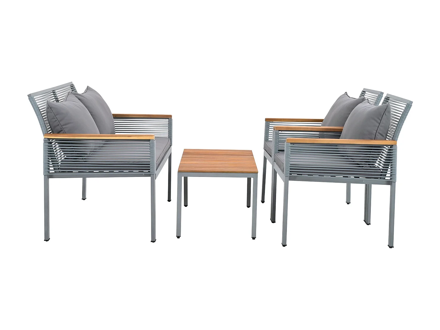 Salon de jardin en métal: un canapé 2 places + 2 fauteuils + 1 table basse - gris + bois naturel