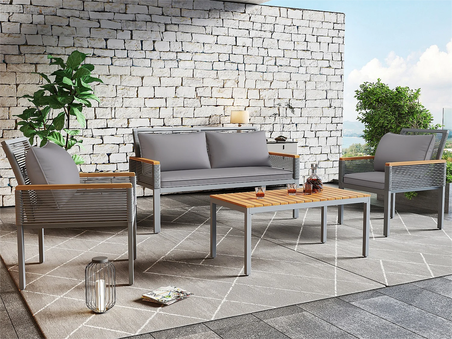 Mobili da giardino in metallo: un divano a 2 posti + 2 poltrone + 1 tavolino - grigio + legno naturale