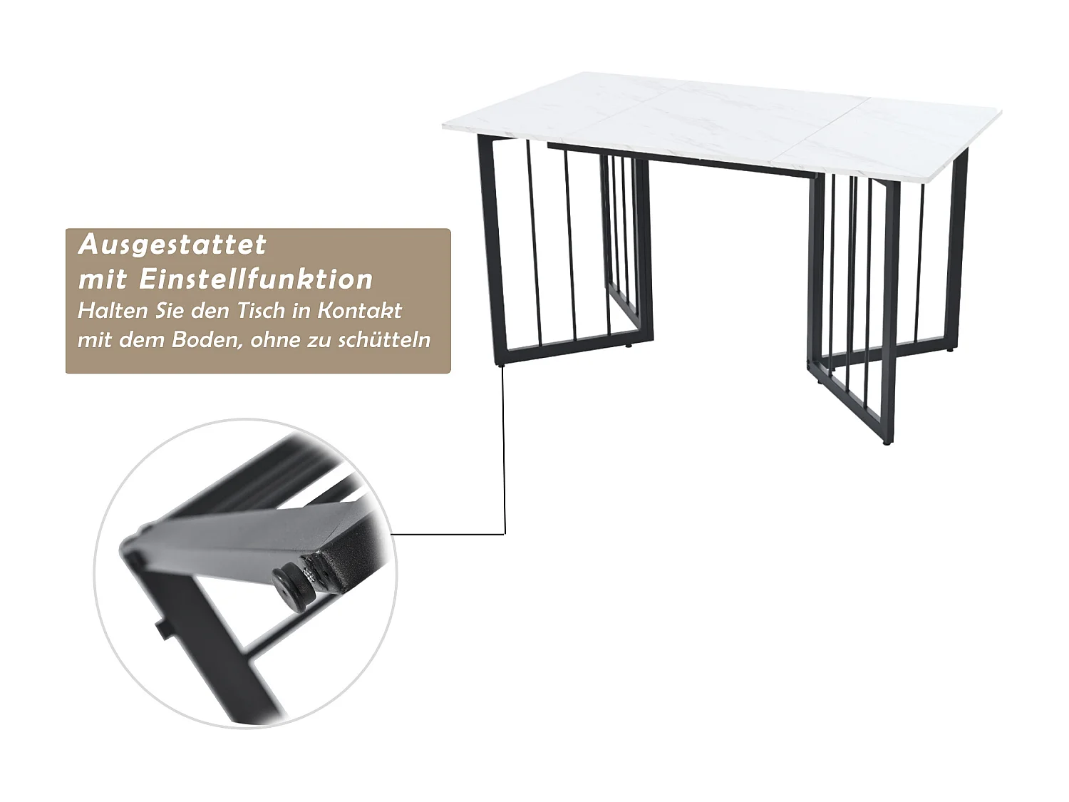 Table à manger 6 couverts à motif de marbre - Pieds réglables en métal et bois en MDF - Coloris noir et blanc