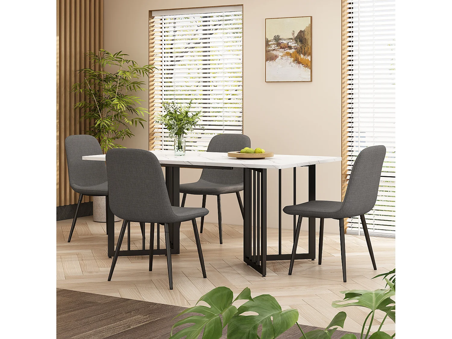 Table à manger 6 couverts à motif de marbre - Pieds réglables en métal et bois en MDF - Coloris noir et blanc