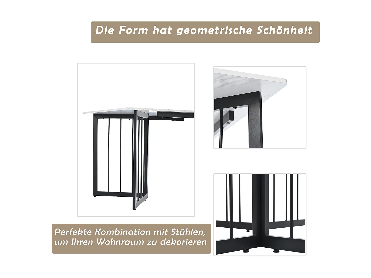 Table à manger 6 couverts à motif de marbre - Pieds réglables en métal et bois en MDF - Coloris noir et blanc