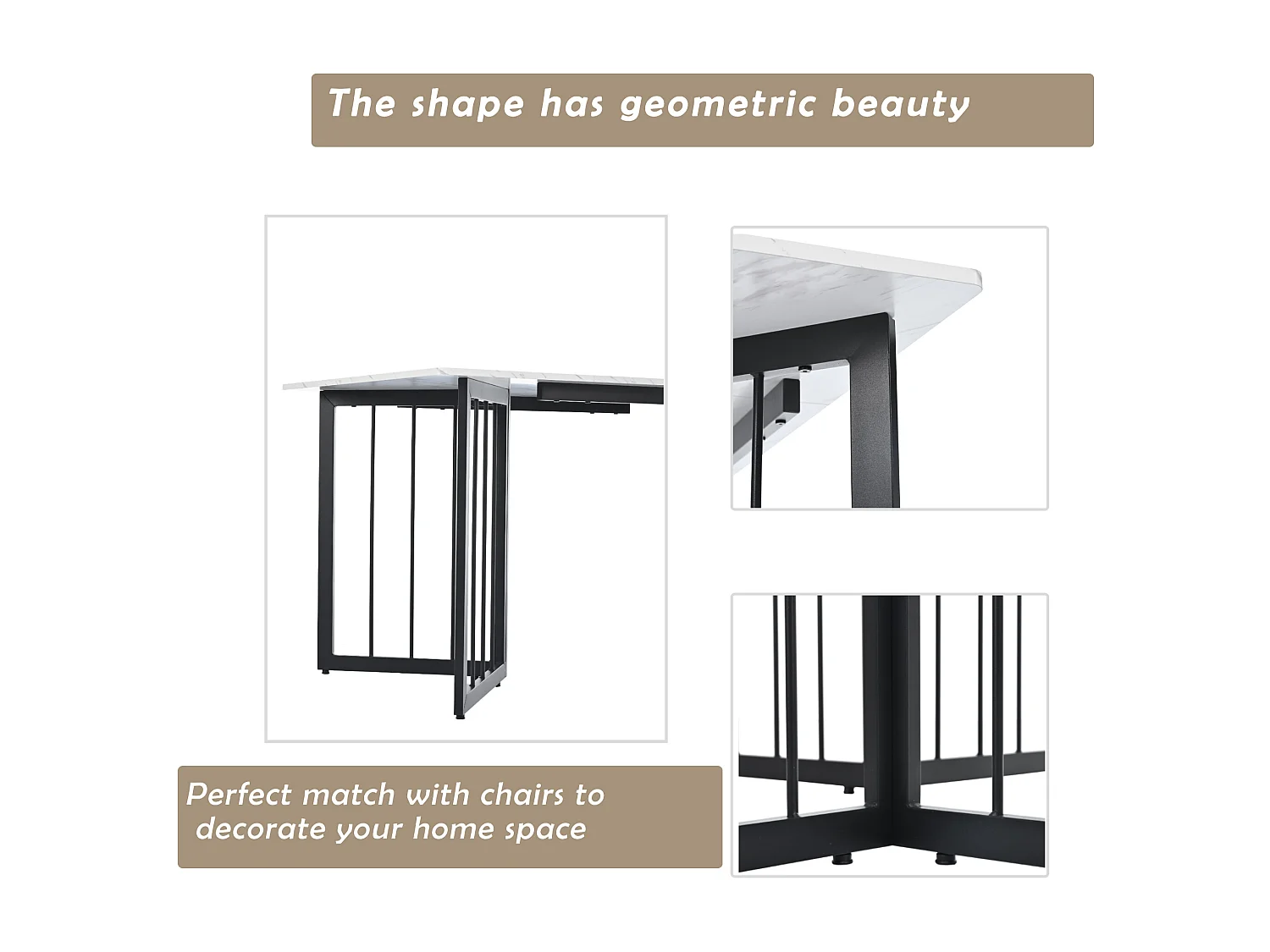 Table à manger 6 couverts à motif de marbre - Pieds réglables en métal et bois en MDF - Coloris noir et blanc