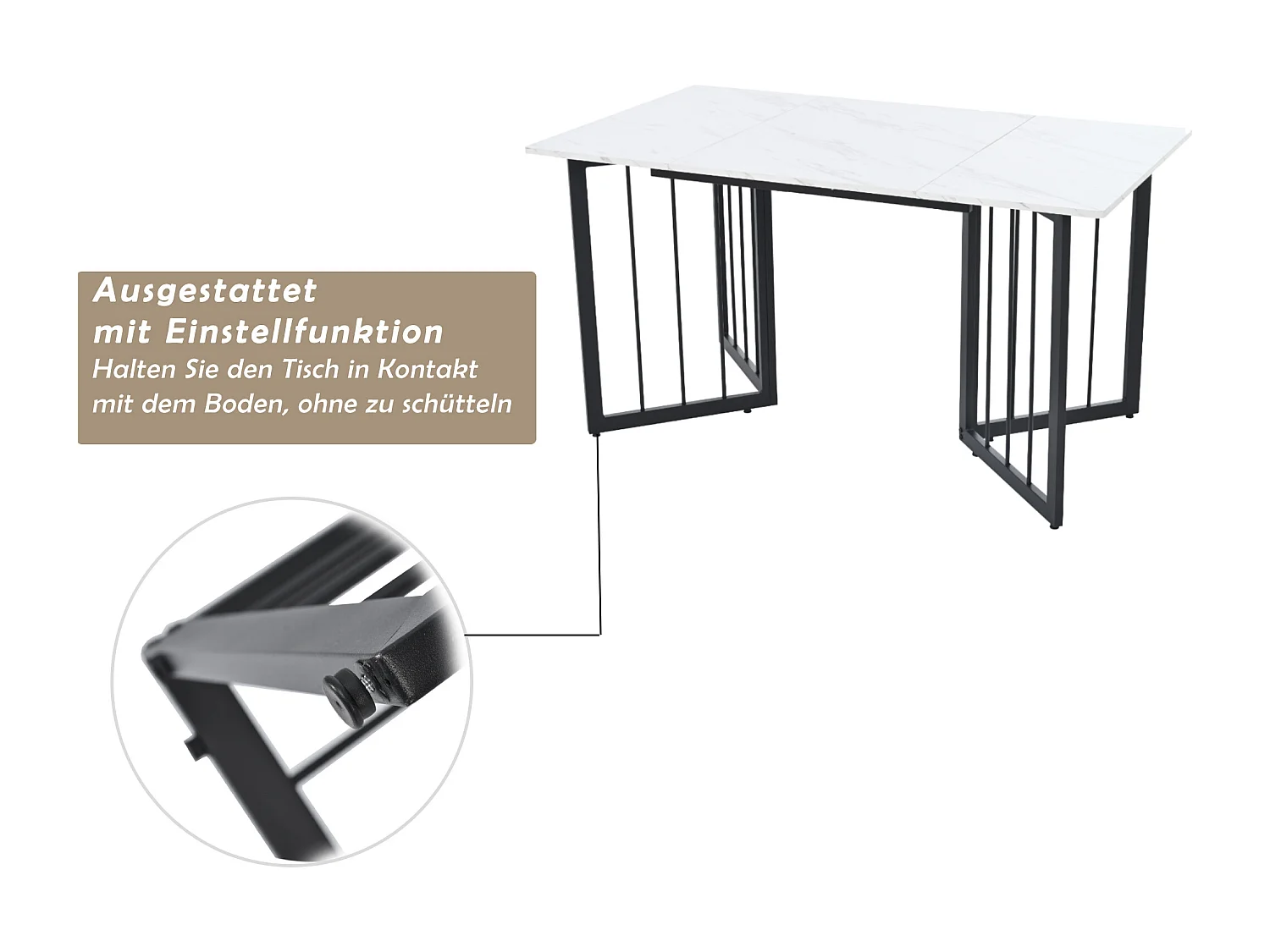 Table à manger 6 couverts à motif de marbre - Pieds réglables en métal et bois en MDF - Coloris noir et blanc