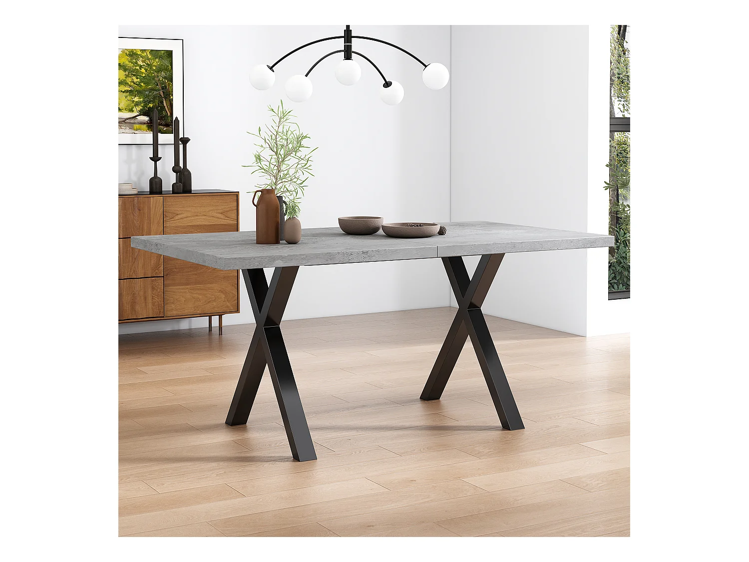 Table à manger moderne, pieds croisés en fer forgé, aspect béton + noir, L140 x l 80 x H76cm