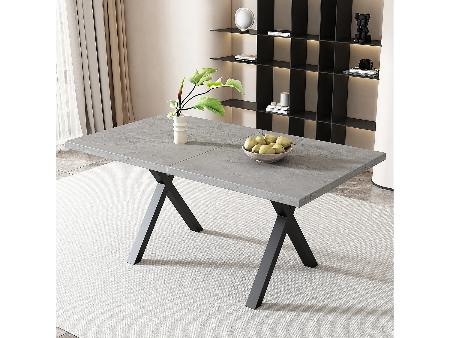 Table à manger moderne, pieds croisés en fer forgé, aspect béton + noir, L140 x l 80 x H76cm