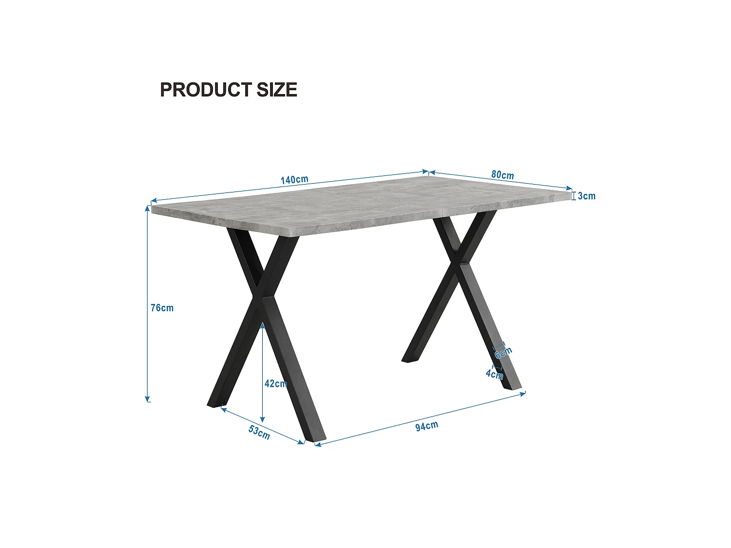 Table à manger moderne, pieds croisés en fer forgé, aspect béton + noir, L140 x l 80 x H76cm