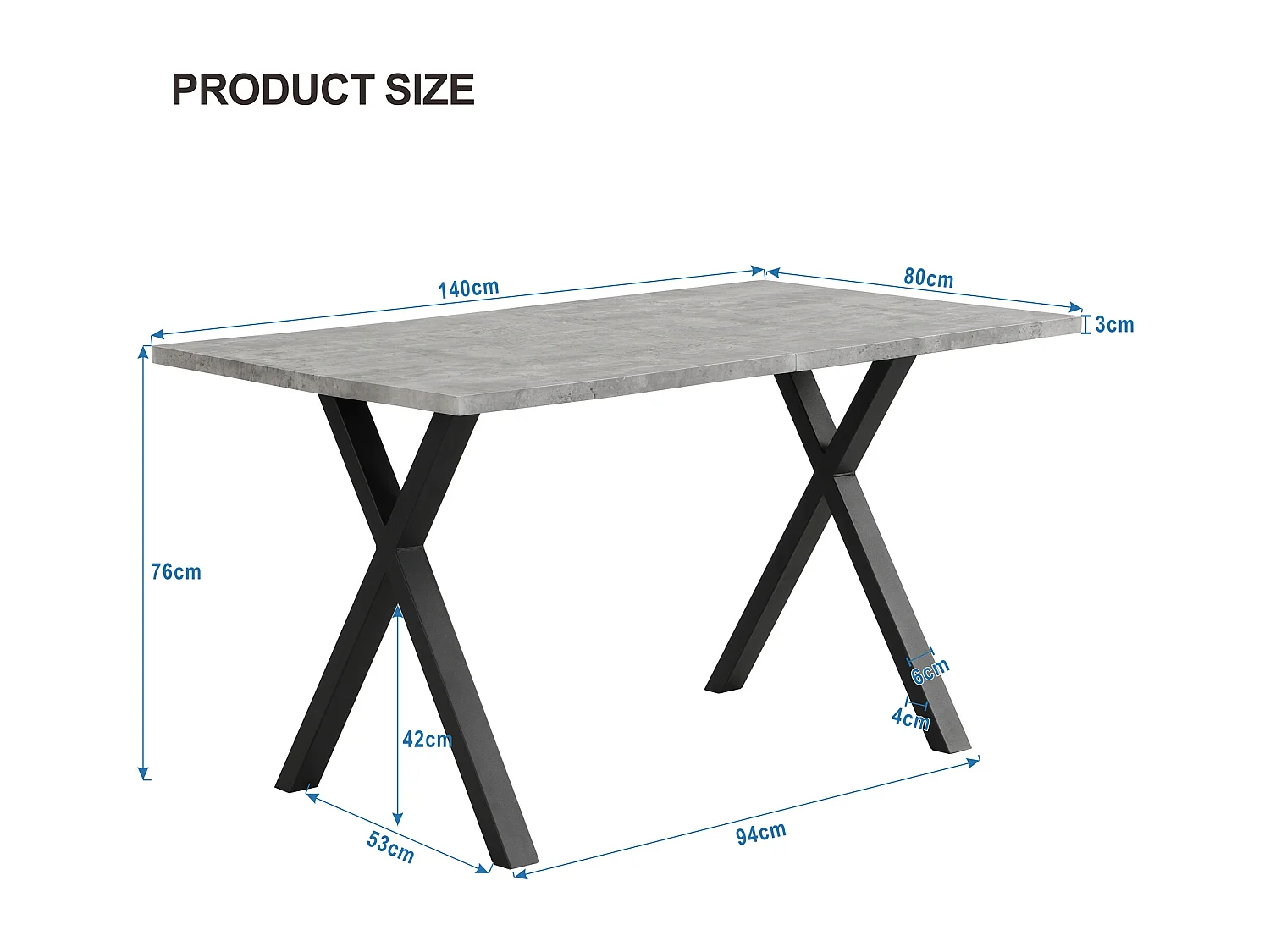 Table à manger moderne, pieds croisés en fer forgé, aspect béton + noir, L140 x l 80 x H76cm