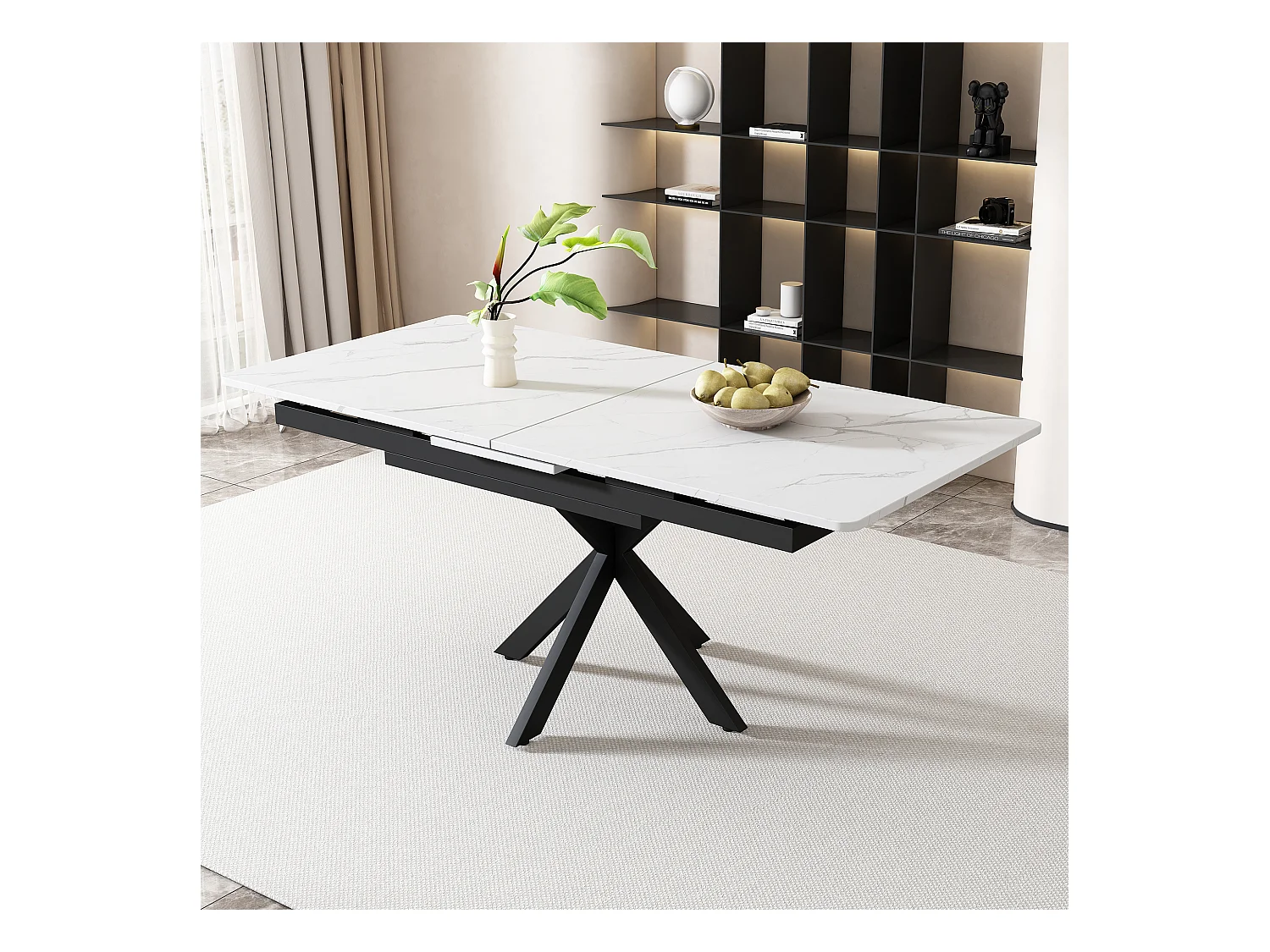 Table à manger extensible 6 à 8 couverts, placage marbré + métal, noir & blanc, L150/180 x L70 x H76 cm