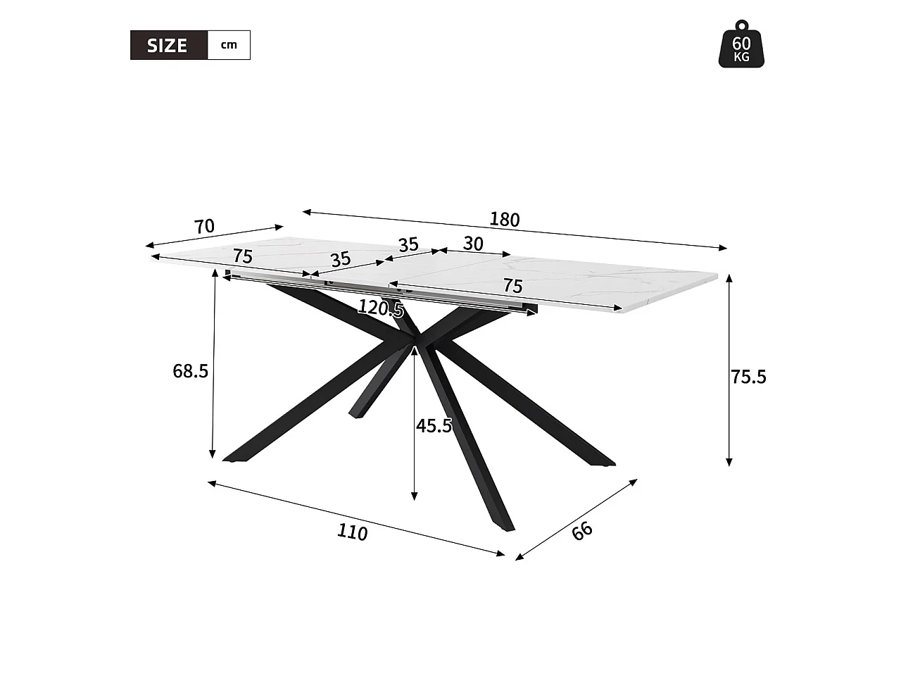 Table à manger extensible 6 à 8 couverts, placage marbré + métal, noir & blanc, L150/180 x L70 x H75.5 cm