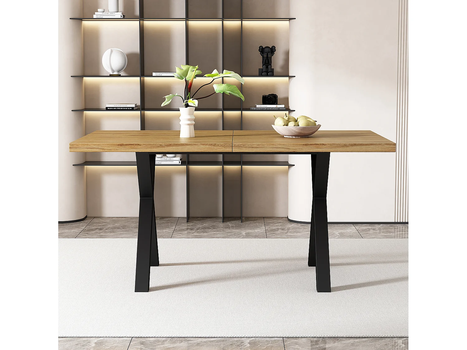 Table à manger 6 couverts, bois MDF + métal, noir & chêne, 140 x 80 x 76 cm