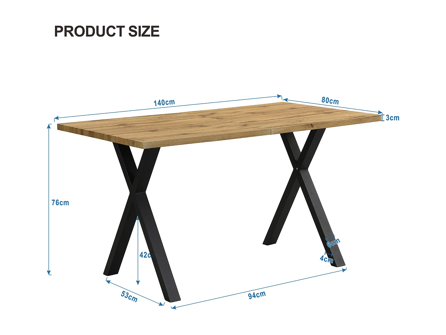 Table à manger 6 couverts, bois MDF + métal, noir & chêne, 140 x 80 x 76 cm
