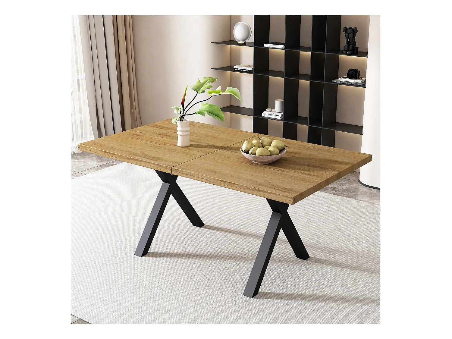 Table à manger 6 couverts, bois MDF + métal, noir & chêne, 140 x 80 x 76 cm