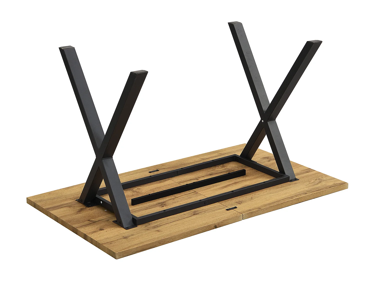 Table à manger 6 couverts, bois MDF + métal, noir & chêne, 140 x 80 x 76 cm