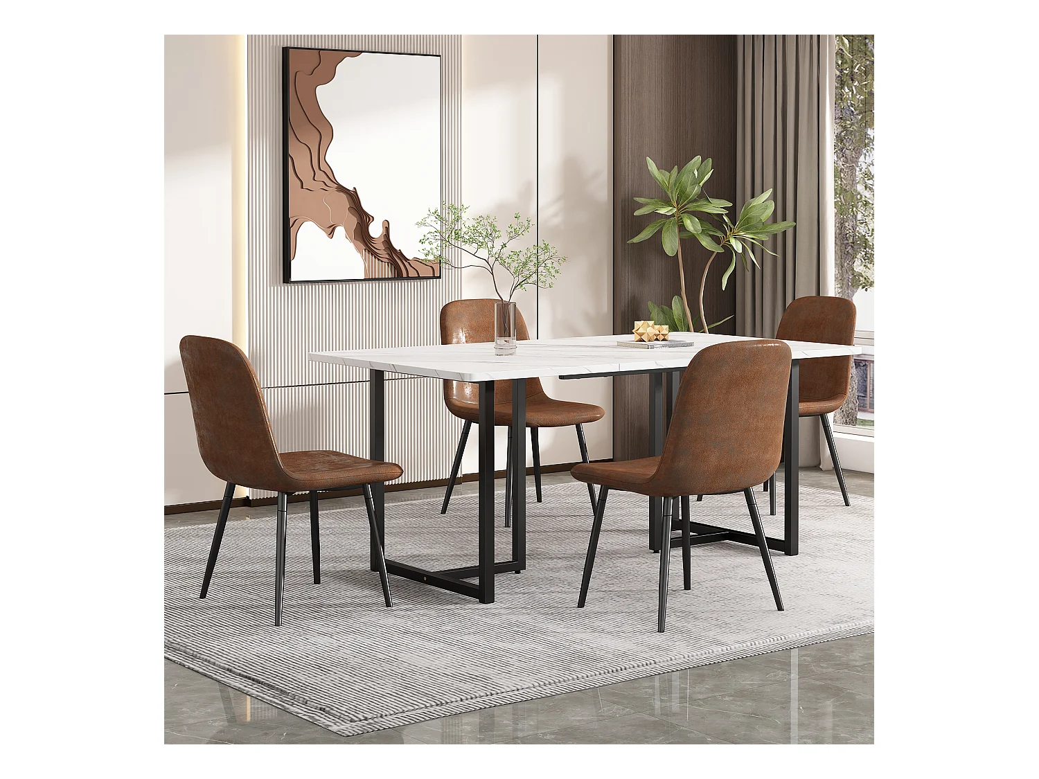 Table à manger 4 à 6 couverts à motif de marbre - Pieds réglables en métal et bois en MDF - Coloris: noir et blanc