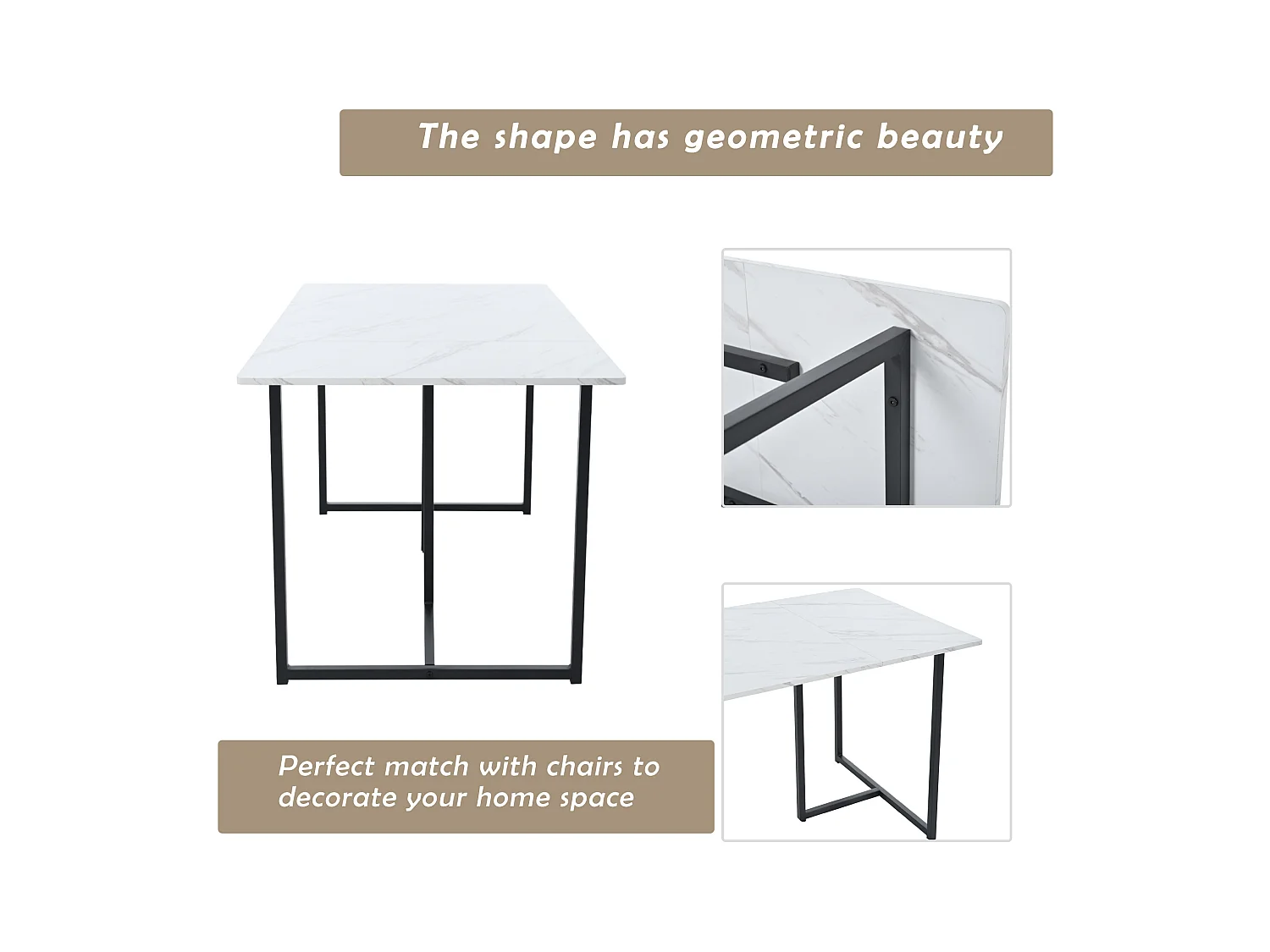 Table à manger 4 à 6 couverts à motif de marbre - Pieds réglables en métal et bois en MDF - Coloris: noir et blanc