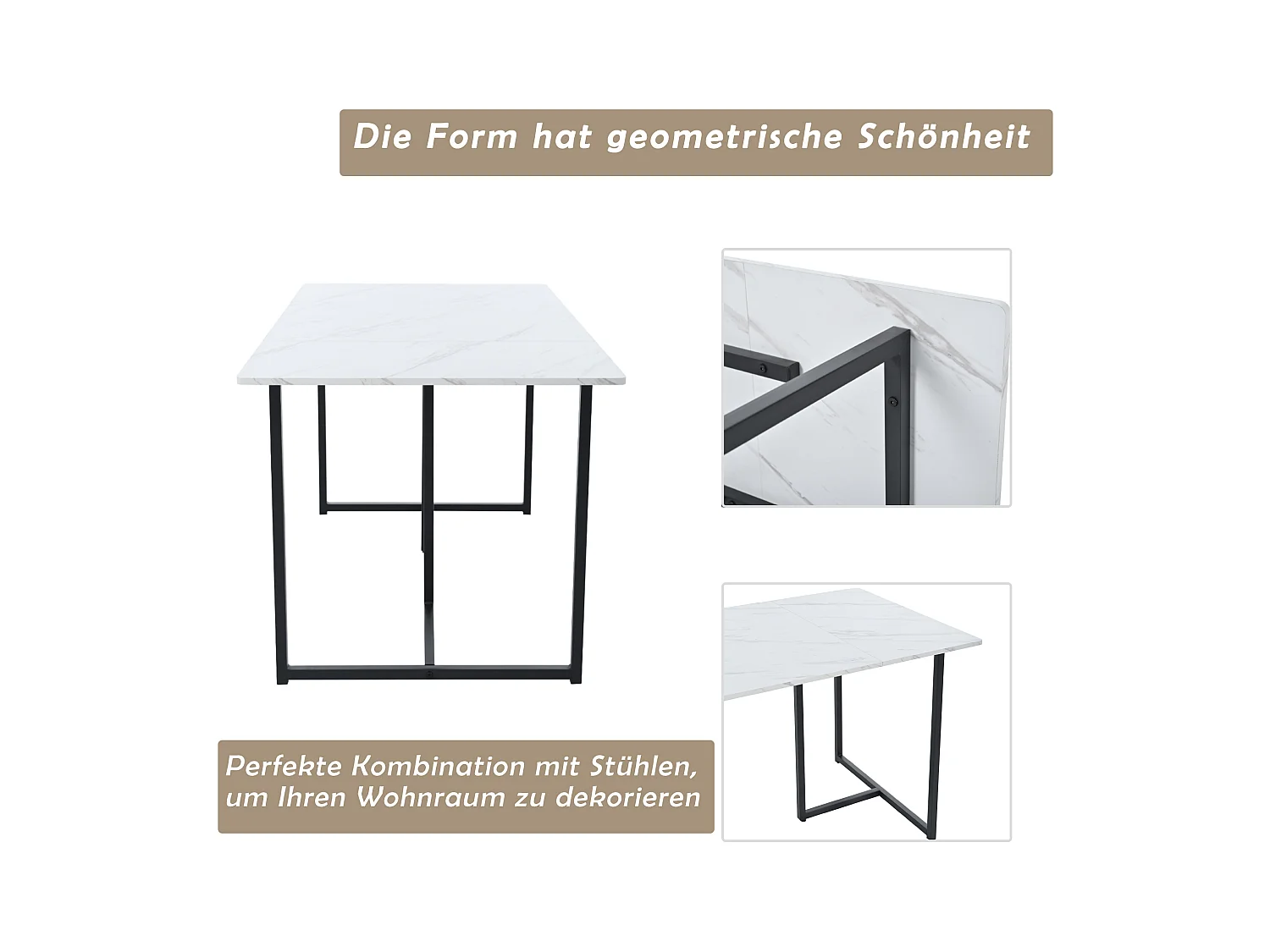 Table à manger 4 à 6 couverts à motif de marbre - Pieds réglables en métal et bois en MDF - Coloris: noir et blanc