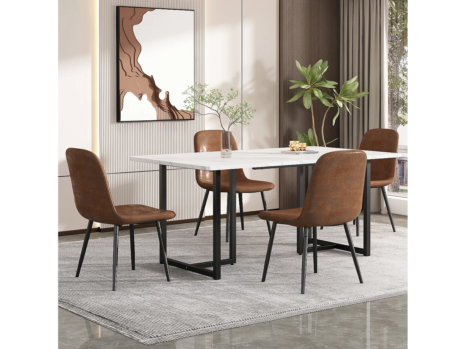 Table à manger 4 à 6 couverts à motif de marbre - Pieds réglables en métal et bois en MDF - Coloris: noir et blanc