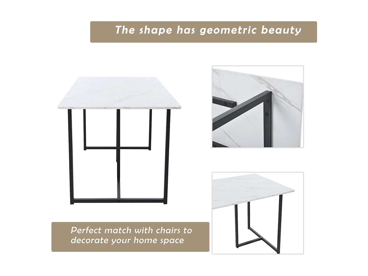 Table à manger 4 à 6 couverts à motif de marbre - Pieds réglables en métal et bois en MDF - Coloris: noir et blanc