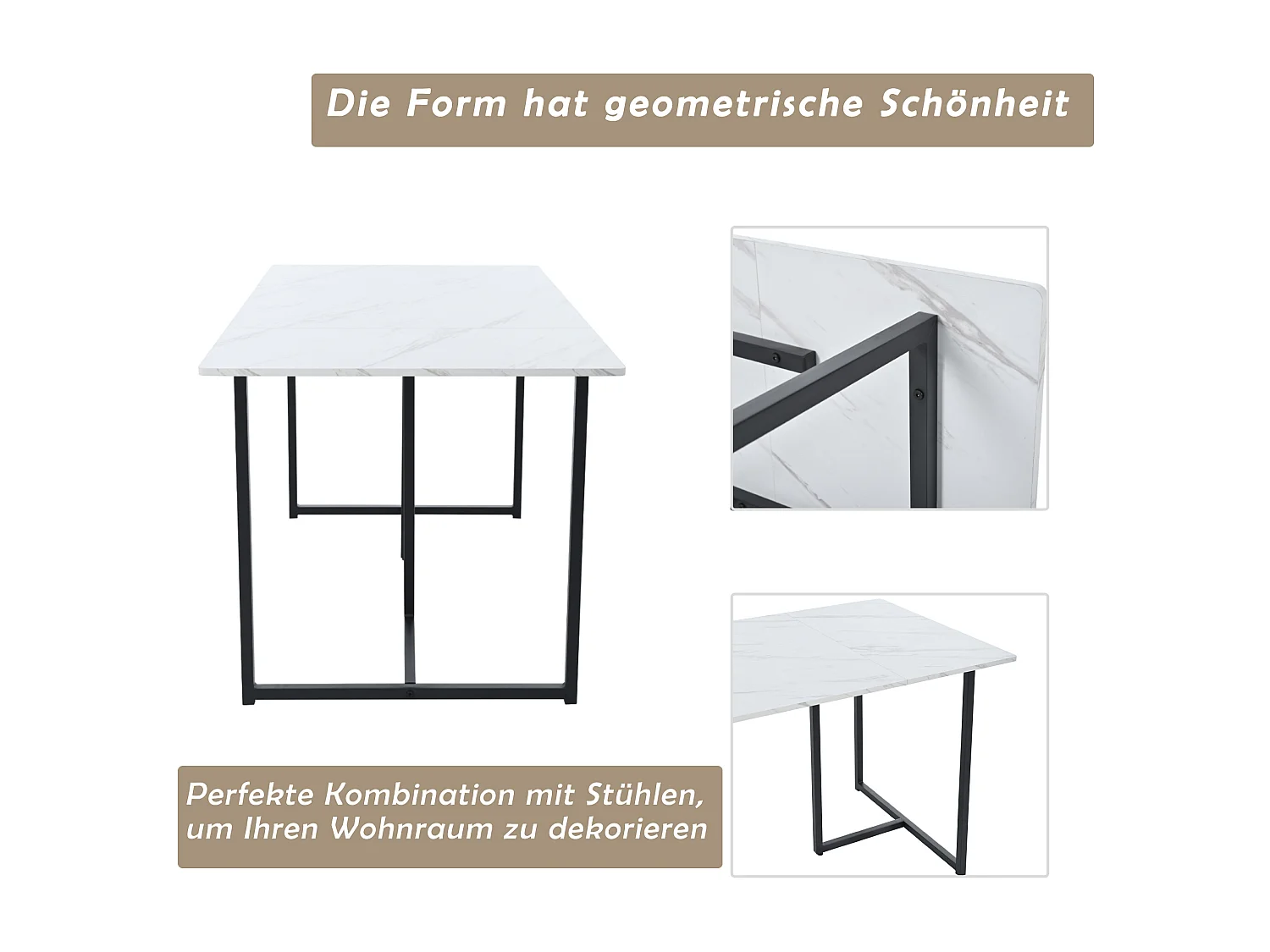 Table à manger 4 à 6 couverts à motif de marbre - Pieds réglables en métal et bois en MDF - Coloris: noir et blanc