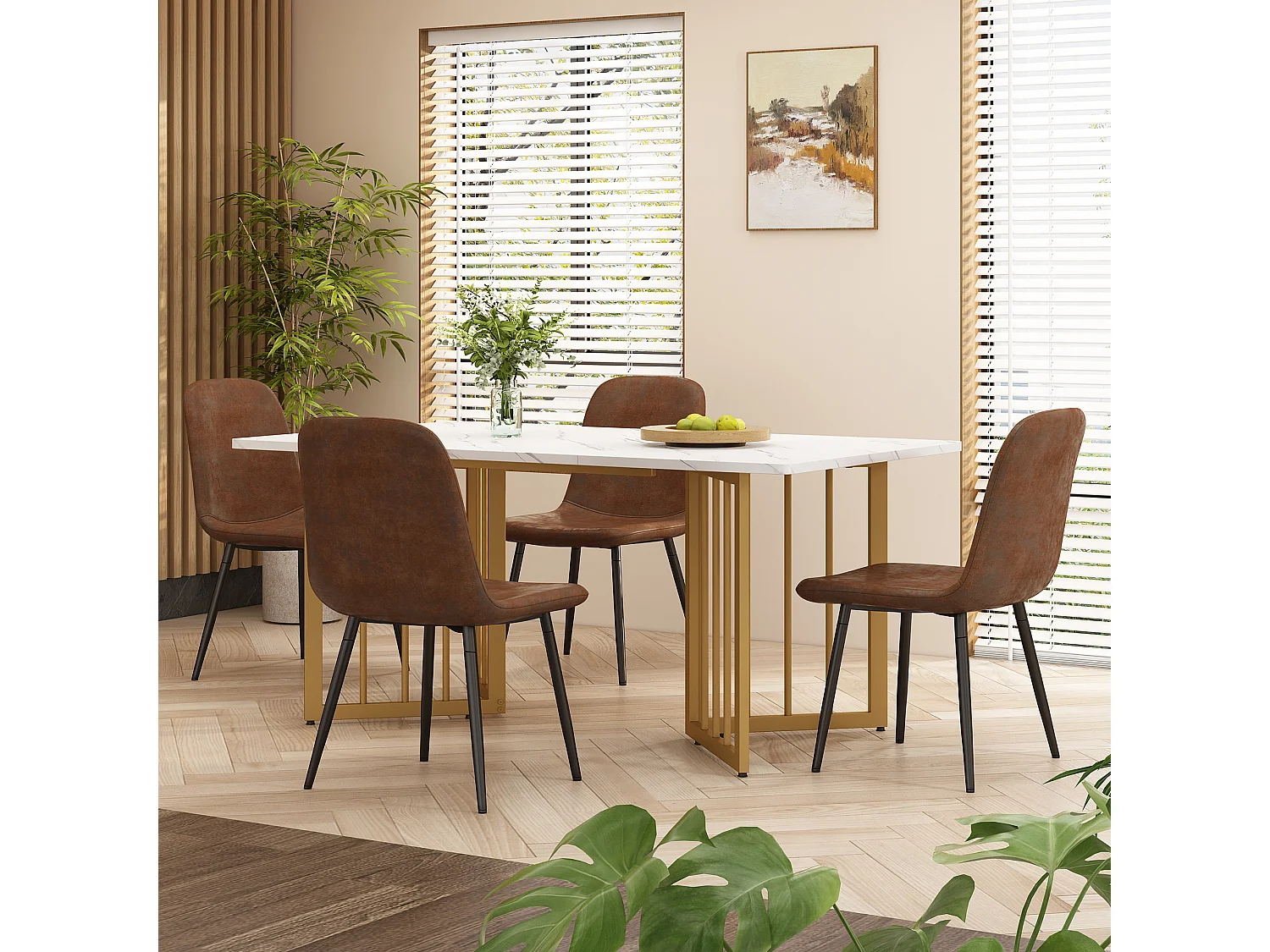 Table à manger 4 à 6 couverts à motif de marbre - Pieds réglables en métal et bois MDF - Coloris: or et blanc