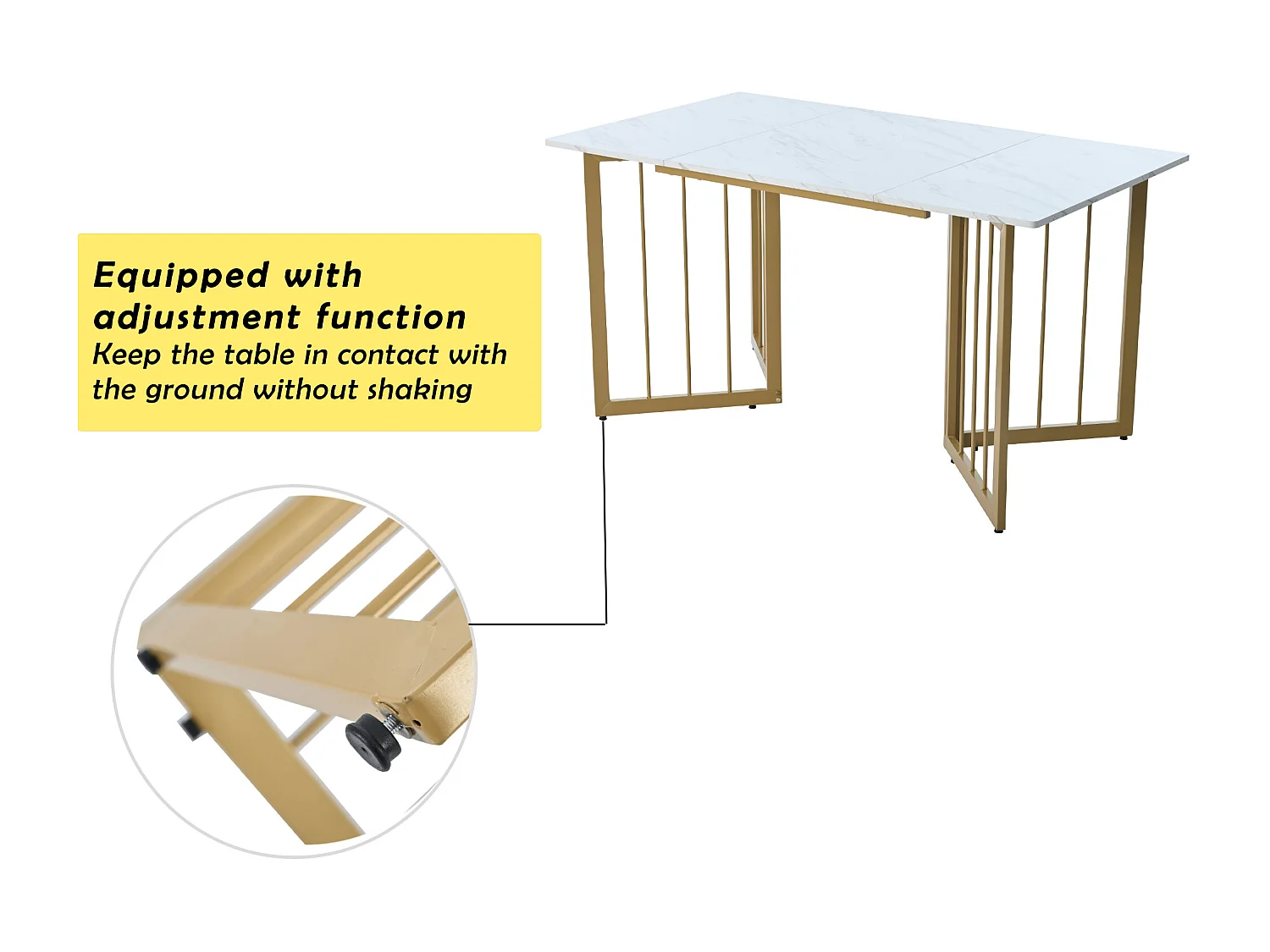 Table à manger 4 à 6 couverts à motif de marbre - Pieds réglables en métal et bois MDF - Coloris: or et blanc