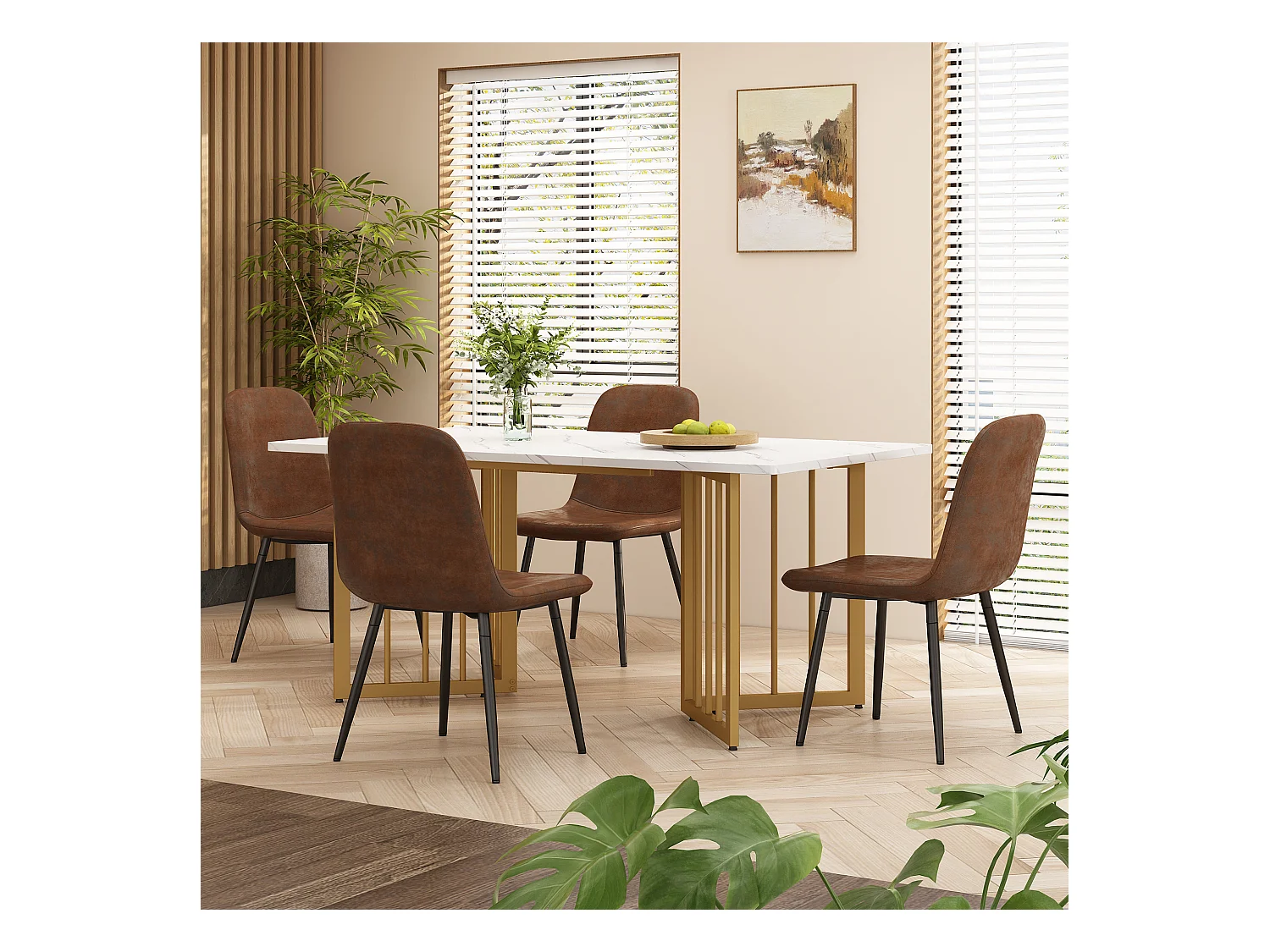 Eettafel voor 4 tot 6 couverts met marmerpatroon - Verstelbare poten van metaal en MDF-hout - Kleuren: goud en wit