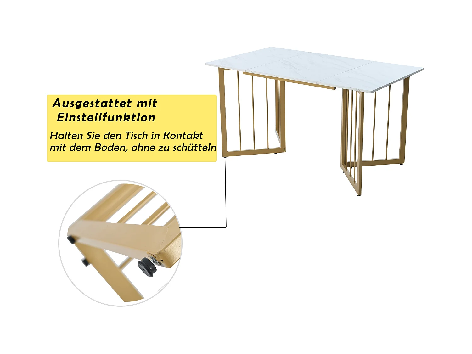 Table à manger 4 à 6 couverts à motif de marbre - Pieds réglables en métal et bois MDF - Coloris: or et blanc