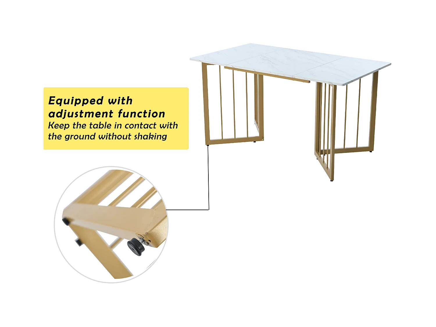 Table à manger 4 à 6 couverts à motif de marbre - Pieds réglables en métal et bois MDF - Coloris: or et blanc