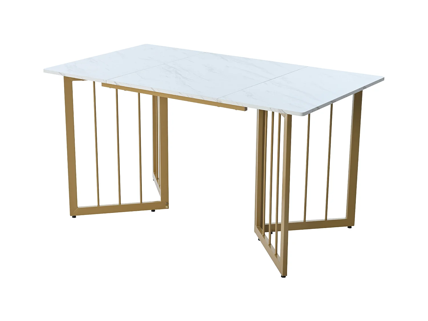 Table à manger 4 à 6 couverts à motif de marbre - Pieds réglables en métal et bois MDF - Coloris: or et blanc