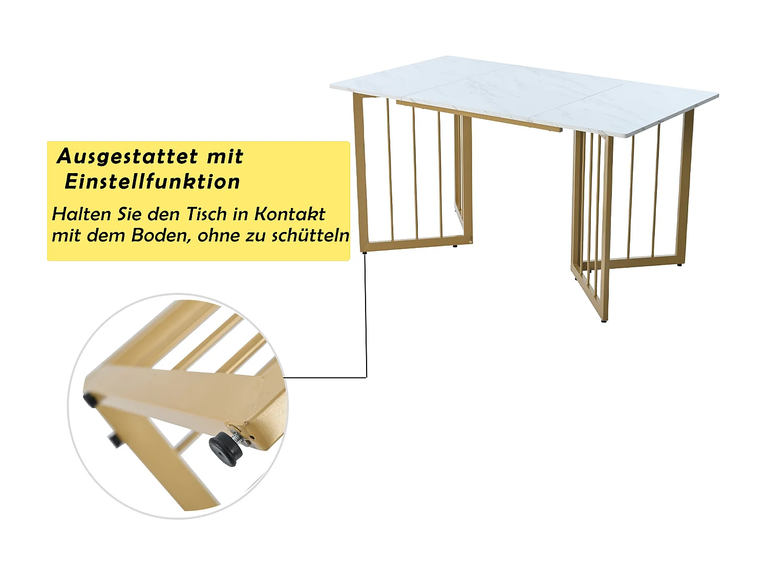 Eettafel voor 4 tot 6 couverts met marmerpatroon - Verstelbare poten van metaal en MDF-hout - Kleuren: goud en wit