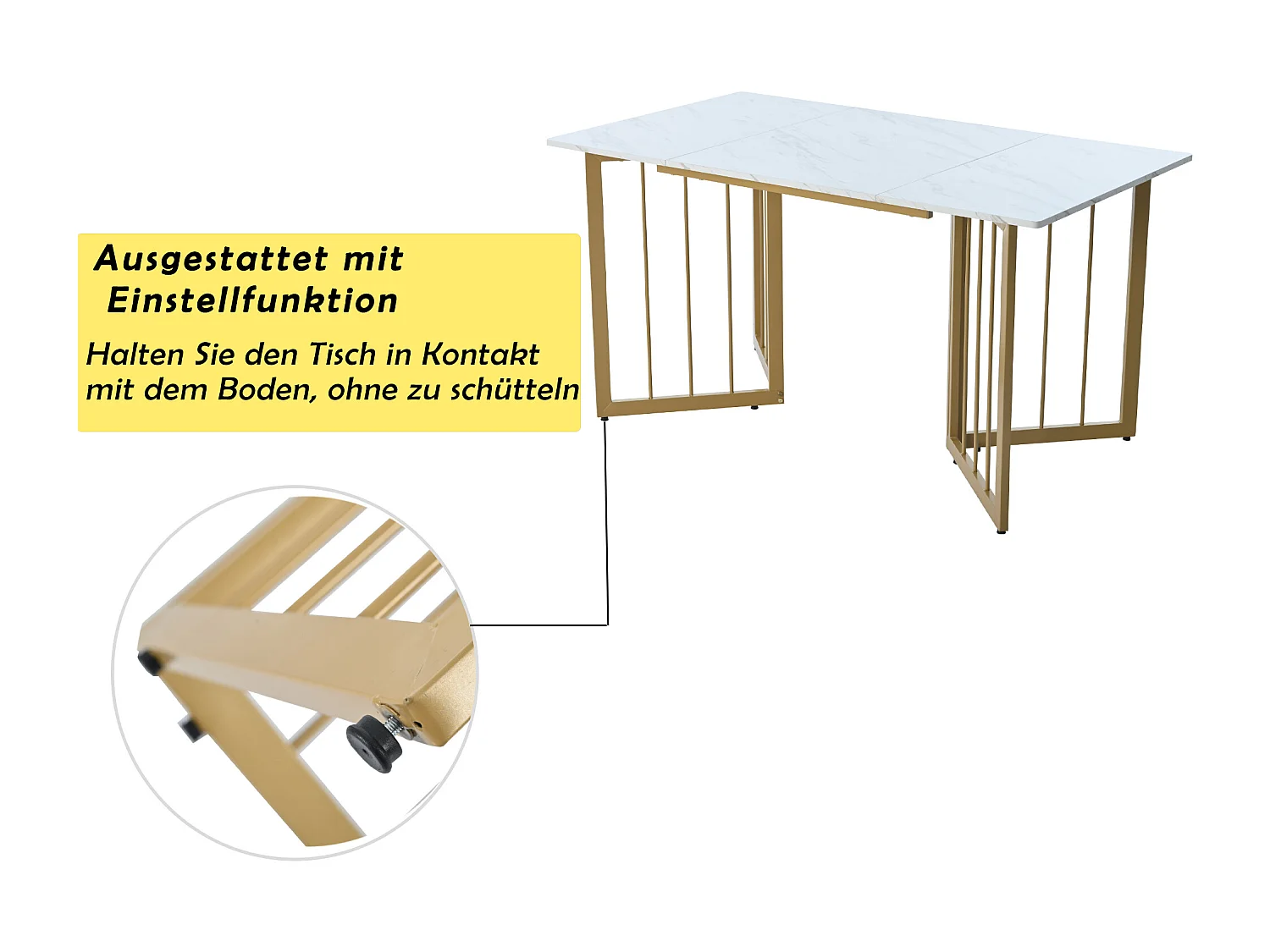 Table à manger 4 à 6 couverts à motif de marbre - Pieds réglables en métal et bois MDF - Coloris: or et blanc