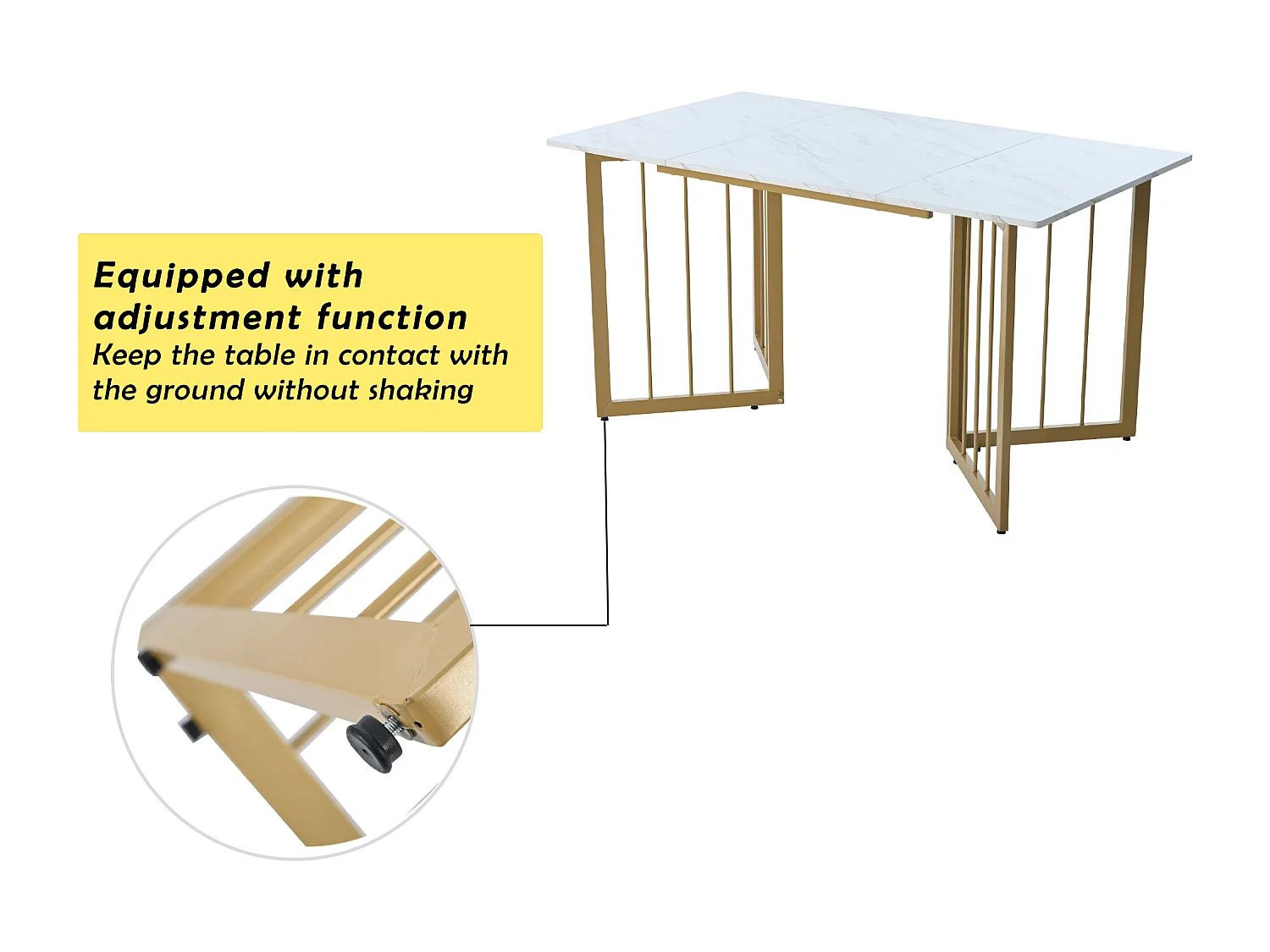 Table à manger 4 à 6 couverts à motif de marbre - Pieds réglables en métal et bois MDF - Coloris: or et blanc