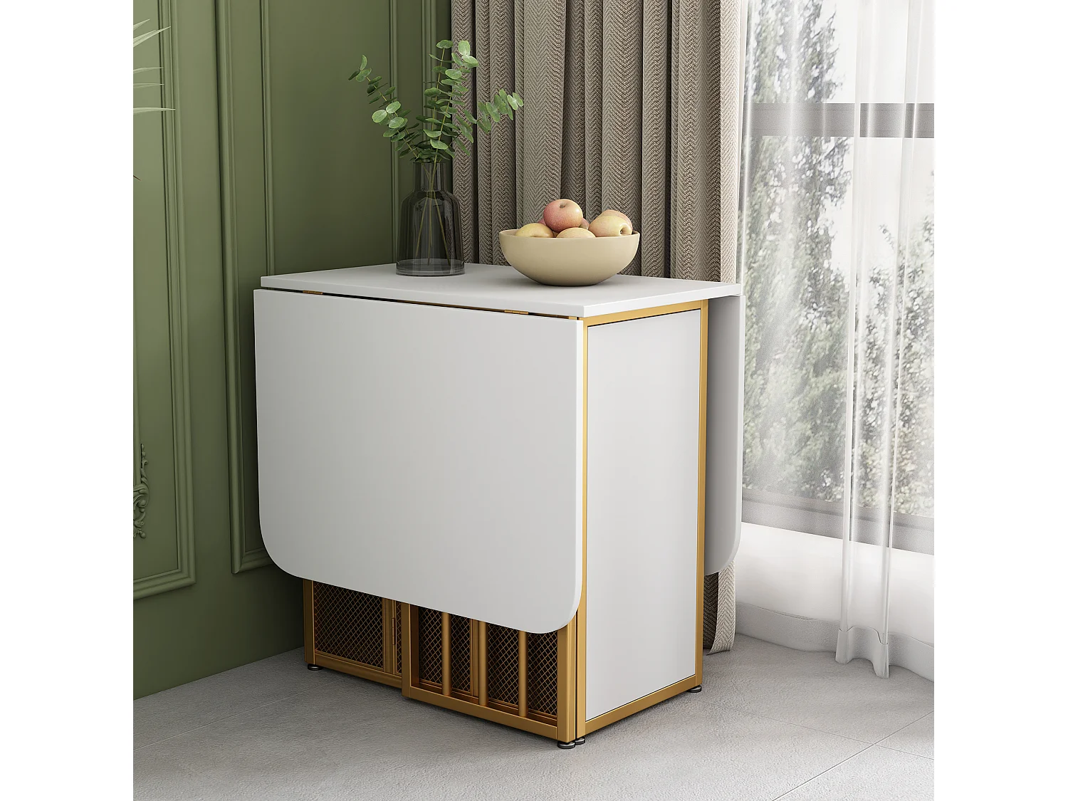 Table à Manger Rectangulaire  4 à 6 Couverts avec 2 Etagères - Panneaux de Particules - Pièds en Métal Doré - Blanc