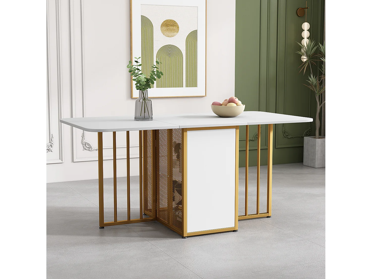 Table à Manger Rectangulaire  4 à 6 Couverts avec 2 Etagères - Panneaux de Particules - Pièds en Métal Doré - Blanc