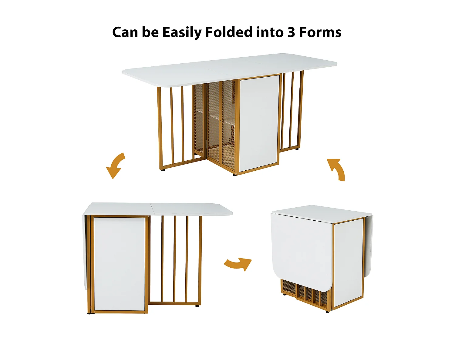 Table à Manger Rectangulaire  4 à 6 Couverts avec 2 Etagères - Panneaux de Particules - Pièds en Métal Doré - Blanc