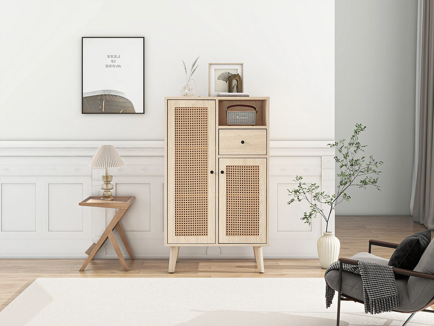 Hoog dressoir met 2 deuren en 1 lade - Rotan effect - Spaanplaat - Natuurlijke kleur - 60 x 40 x 101cm