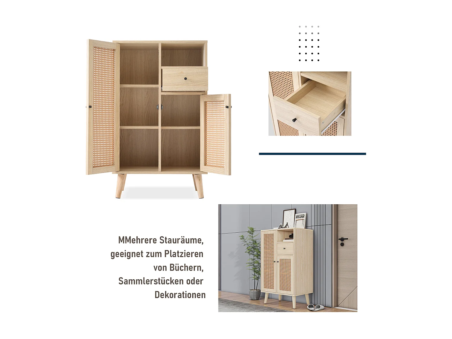 Hoog dressoir met 2 deuren en 1 lade - Rotan effect - Spaanplaat - Natuurlijke kleur - 60 x 40 x 101cm