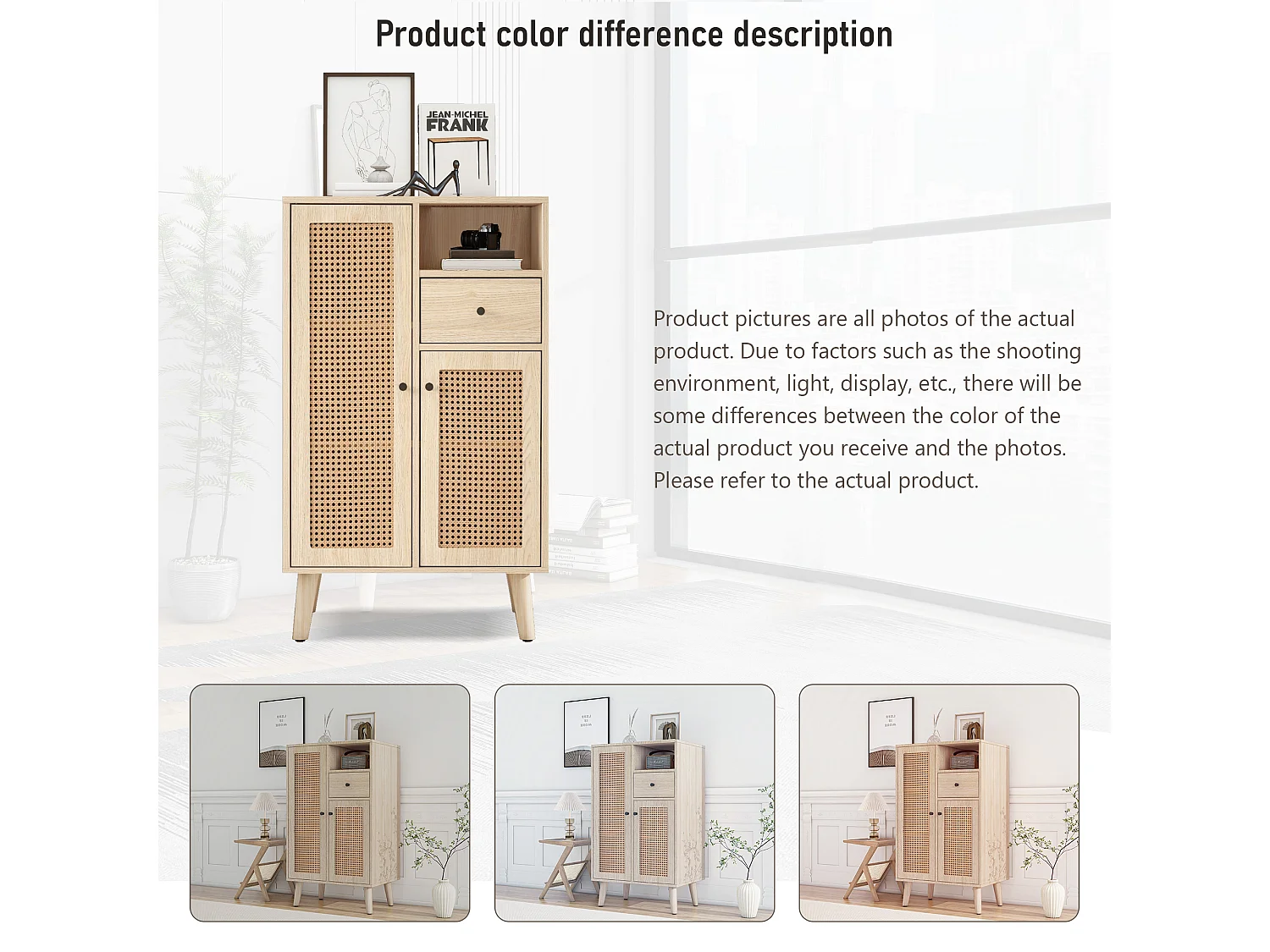 Hoog dressoir met 2 deuren en 1 lade - Rotan effect - Spaanplaat - Natuurlijke kleur - 60 x 40 x 101cm