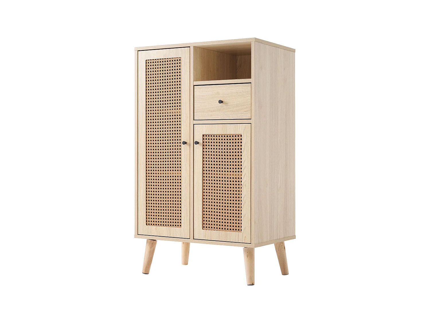 Buffet haut avec 2 portes et 1 tiroir - Effet rotin - Panneaux de particules - Coloris naturel - 60 x 40 x 101cm