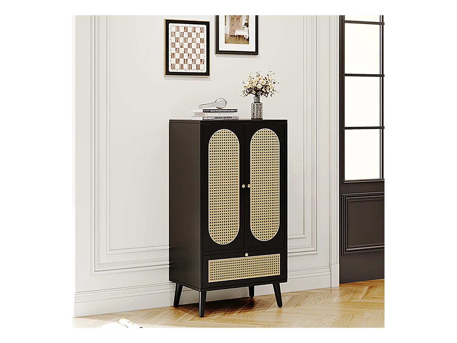 Credenza con 2 ante, 1 cassetto - 60 x 40 x 110,5 cm - Pannello truciolare - Effetto rattan - Bianco + rovere