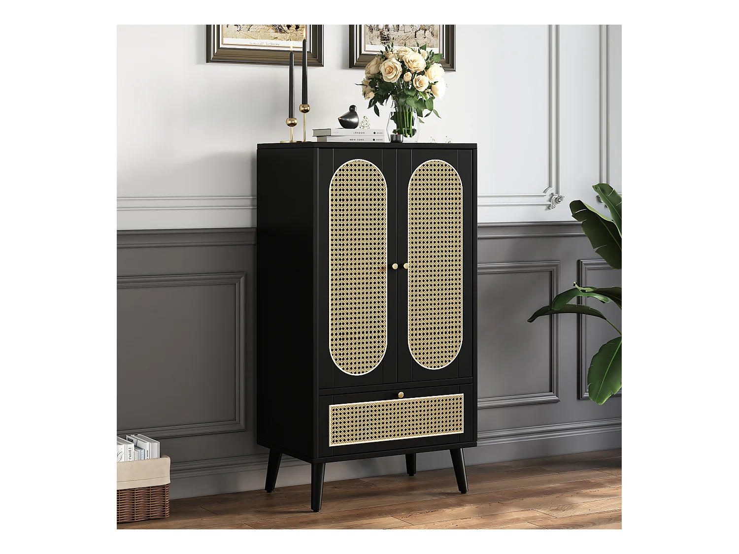 Credenza con 2 ante, 1 cassetto - 60 x 40 x 110,5 cm - Pannello truciolare - Effetto rattan - Bianco + rovere