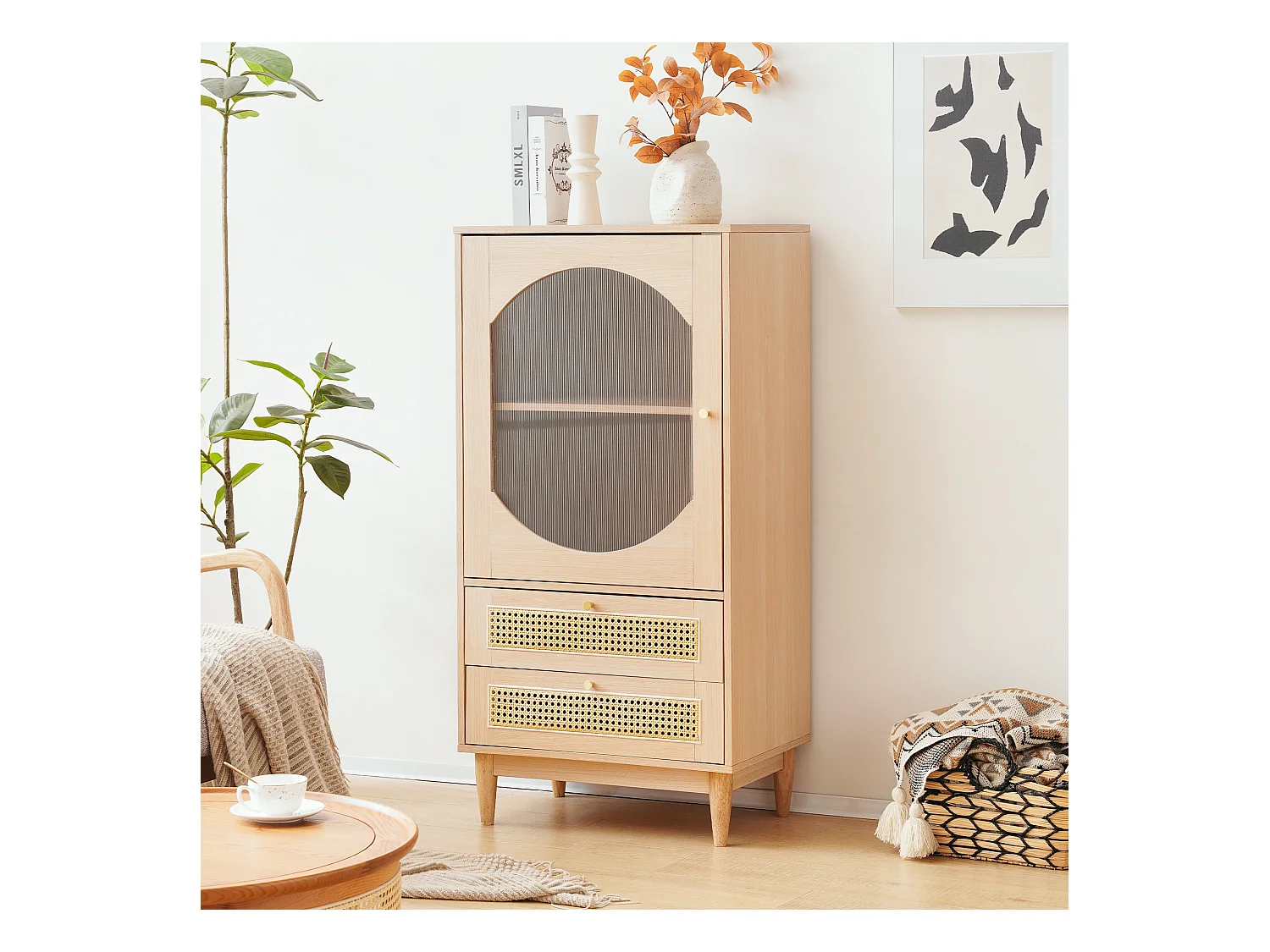Hoog dressoir met 2 laden en 1 glazen deur, spaanplaathout, eikenkleur, 60 x 40 x 120 cm
