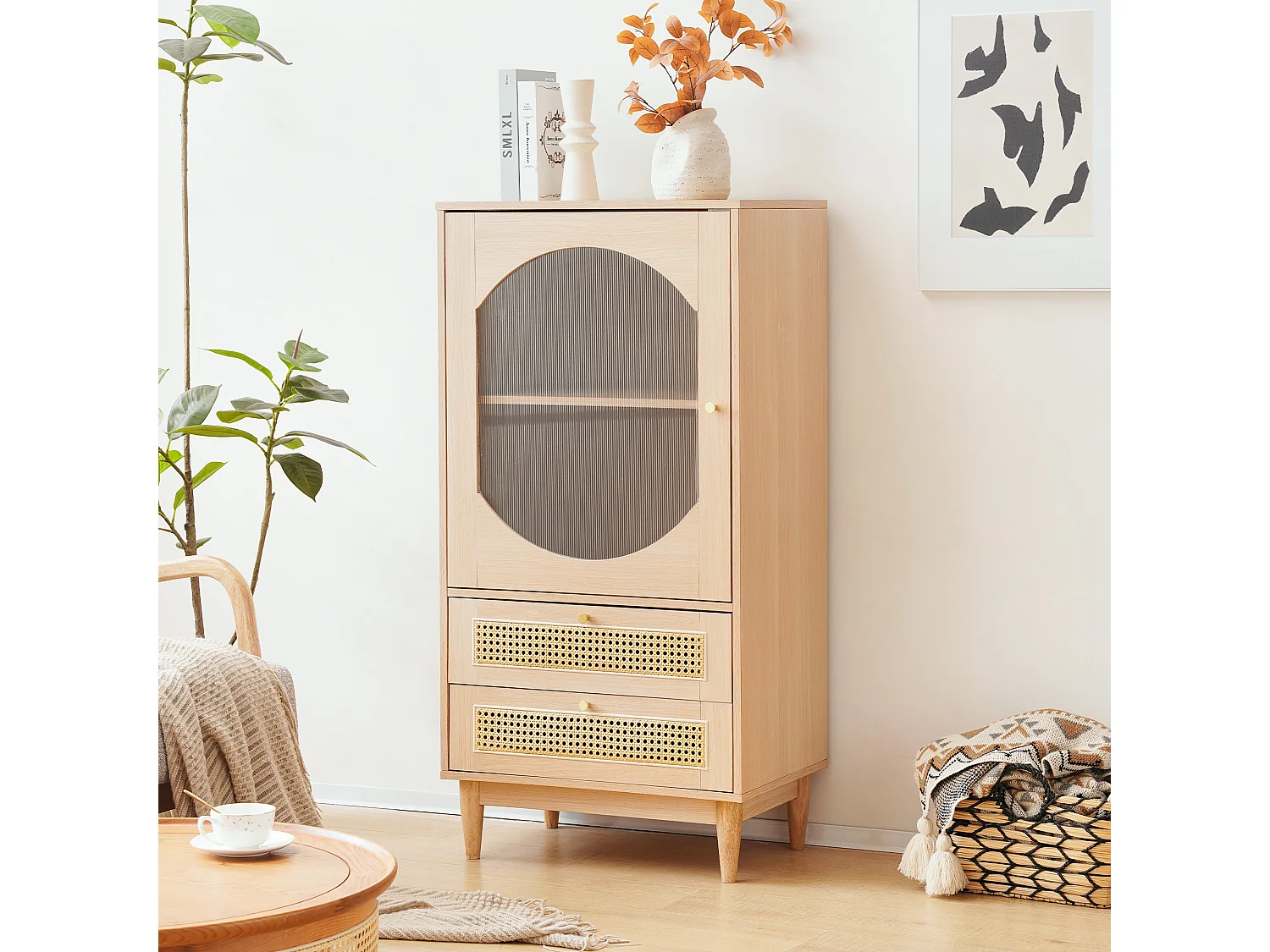 Hoog dressoir met 2 laden en 1 glazen deur, spaanplaathout, eikenkleur, 60 x 40 x 120 cm