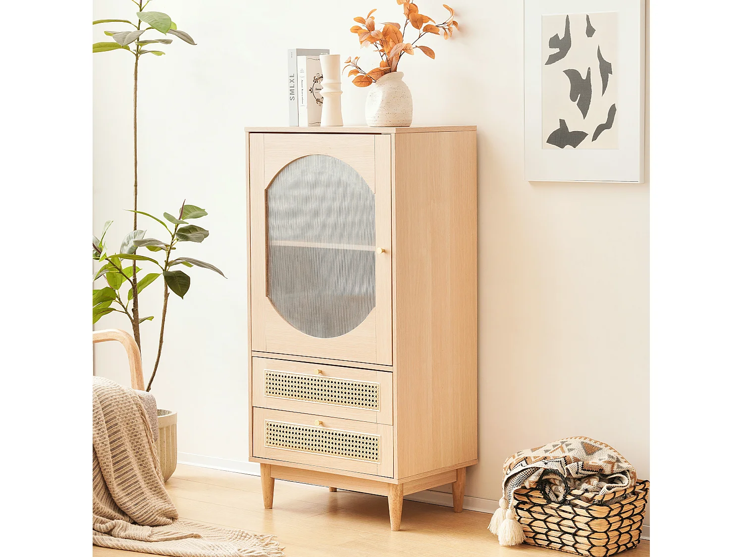 Hoog dressoir met 2 laden en 1 glazen deur, spaanplaathout, eikenkleur, 60 x 40 x 120 cm