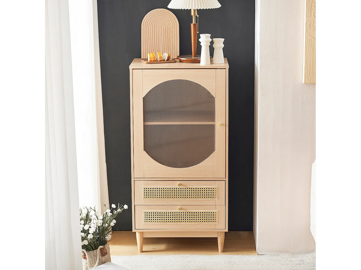 Hoog dressoir met 2 laden en 1 glazen deur, spaanplaathout, eikenkleur, 60 x 40 x 120 cm