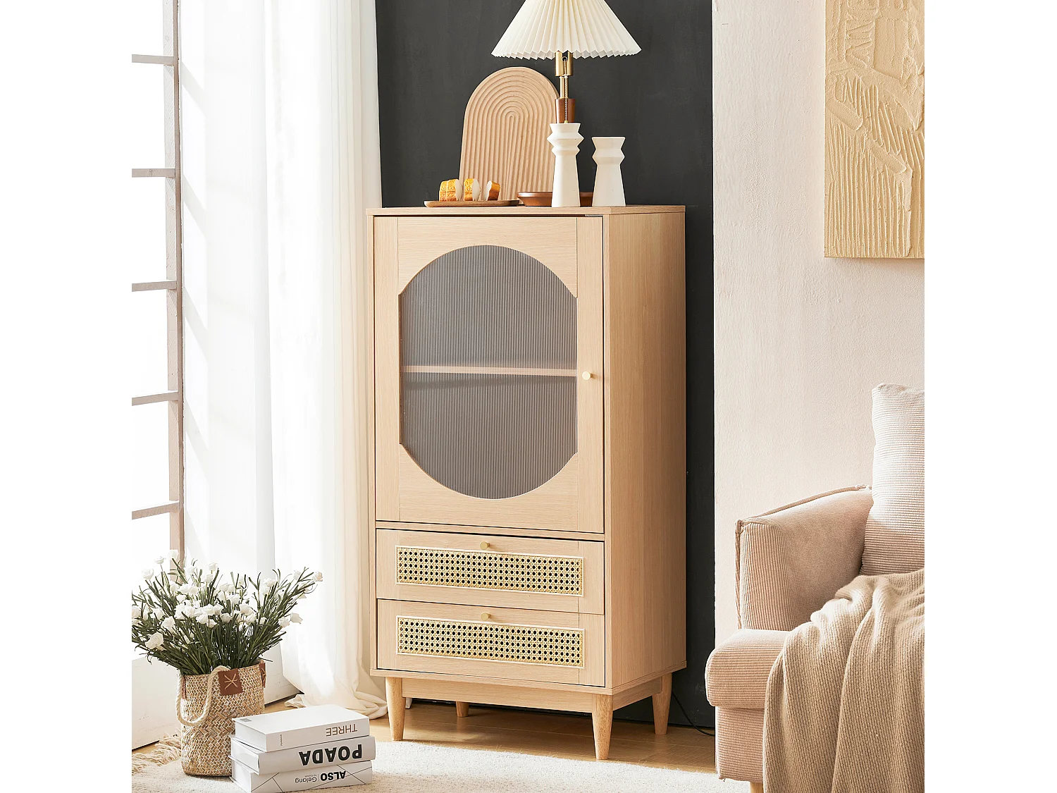 Hoog dressoir met 2 laden en 1 glazen deur, spaanplaathout, eikenkleur, 60 x 40 x 120 cm